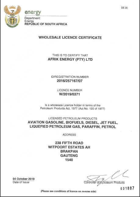 Afrik Energy Wholesale Licence Certificate